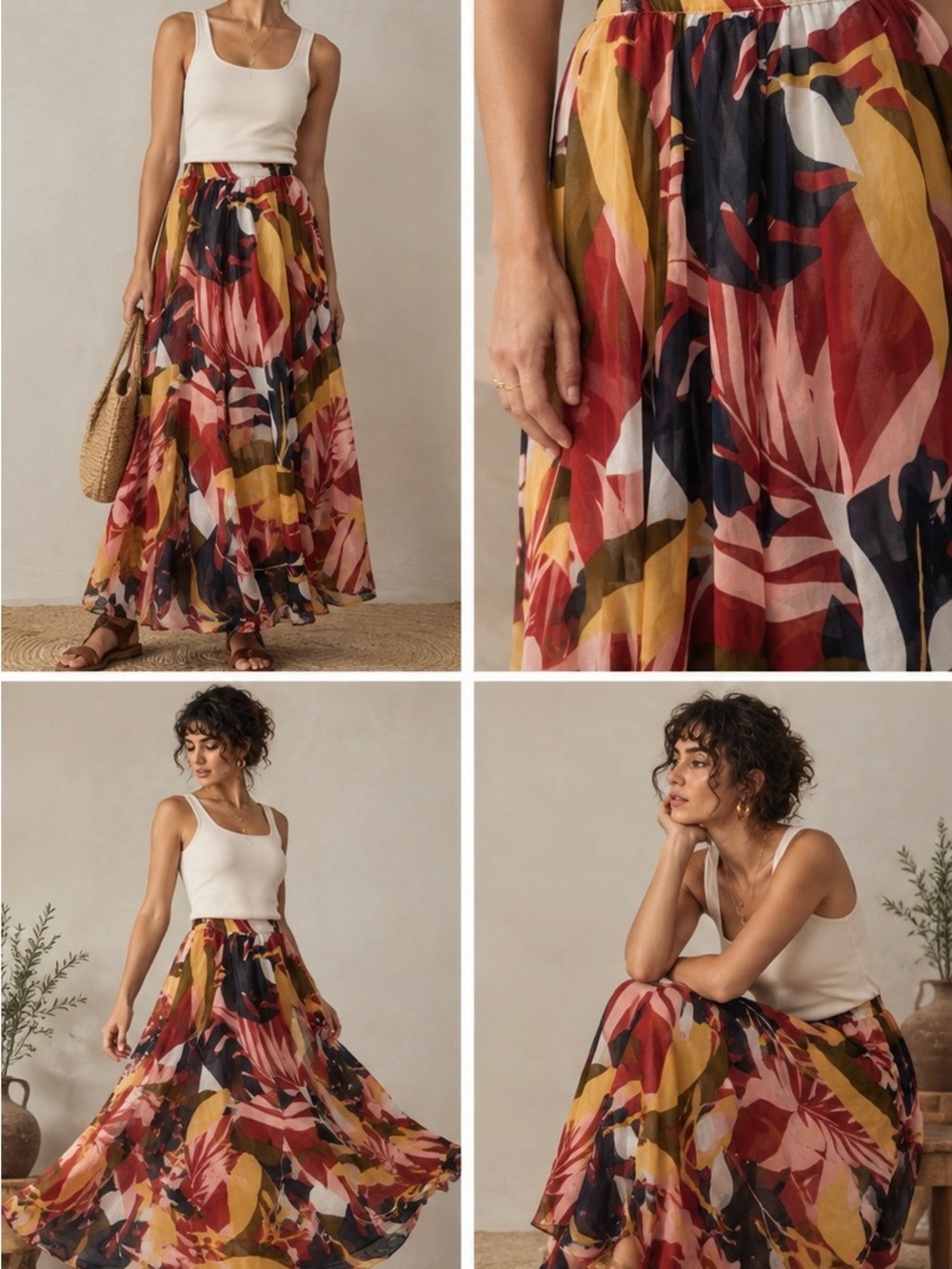 Flowy Floral Maxi Skirt in Red, Mustard & Navy